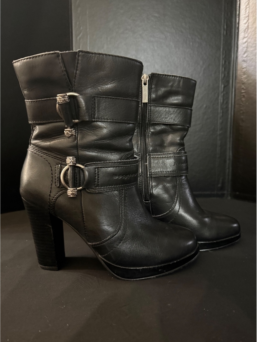 Harley-Davidson Marissa Black Leather Platform Heeled Ankle Boots Women’s 7